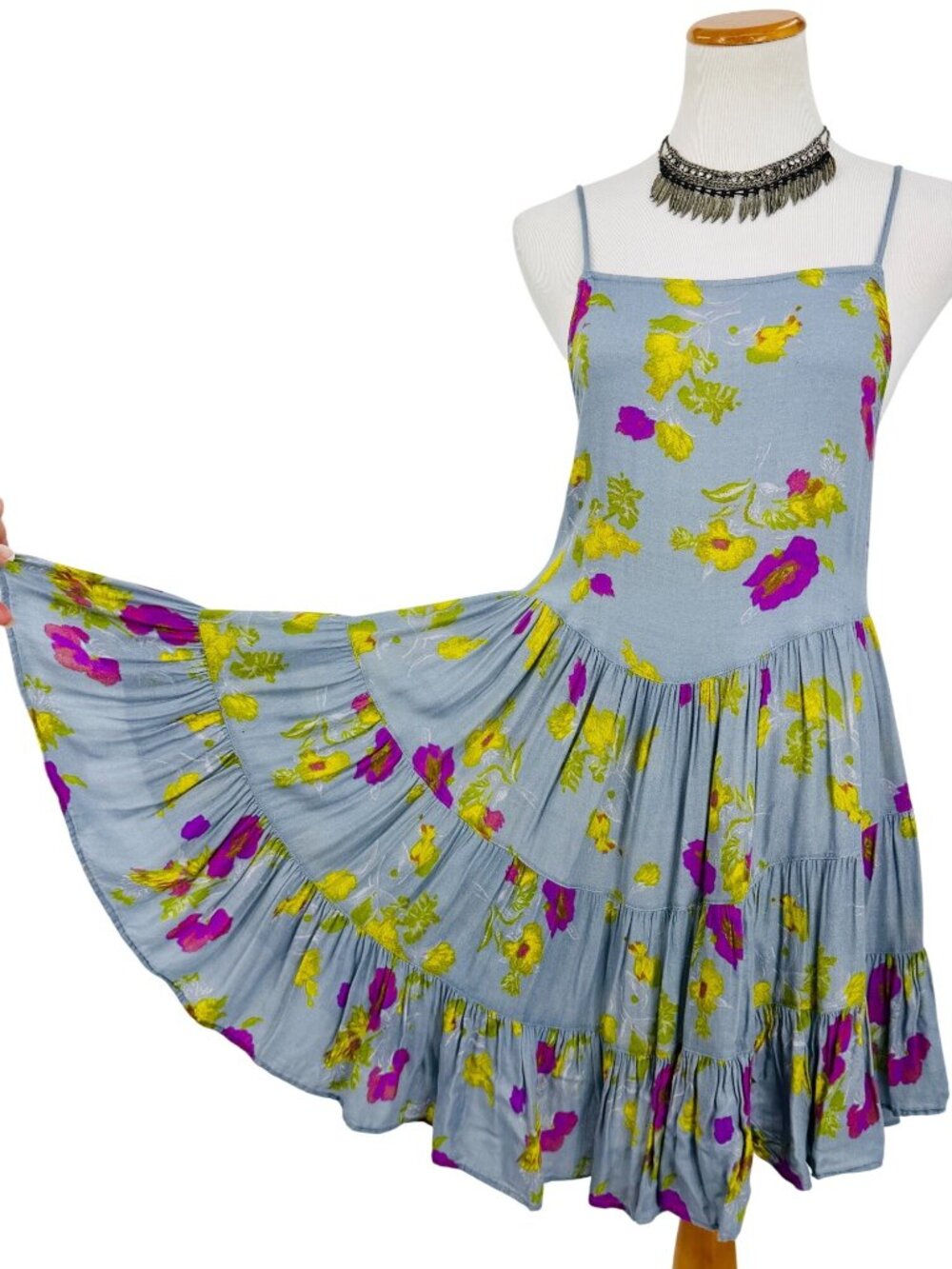 Free People Floral Strappy Lace Up Back Ruffle Hem Mini Dress S| Balletcore Boho - Picture 14 of 16